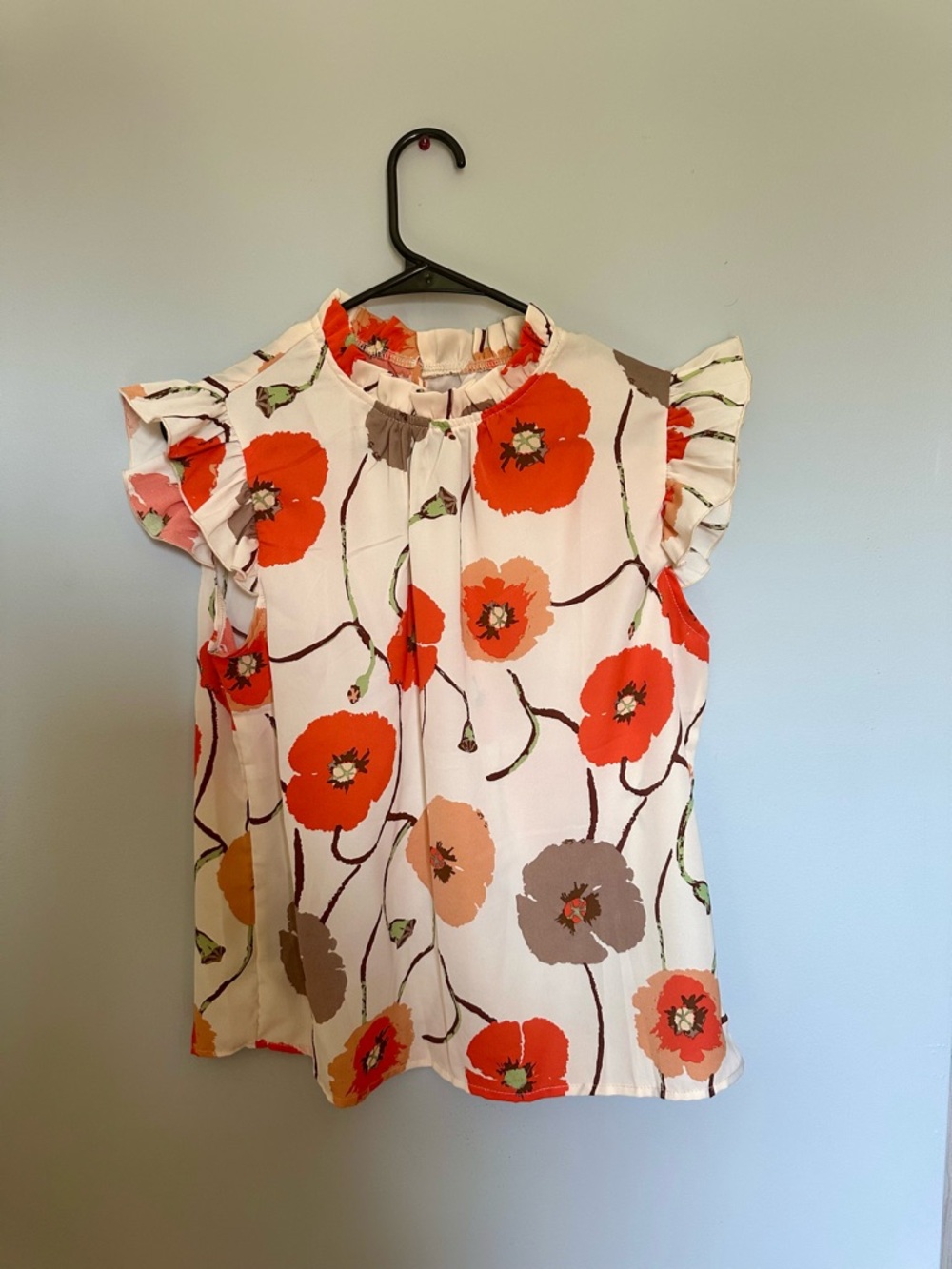 Floral Ruffle Sleeve Blouse - White with Red & Peach Poppies